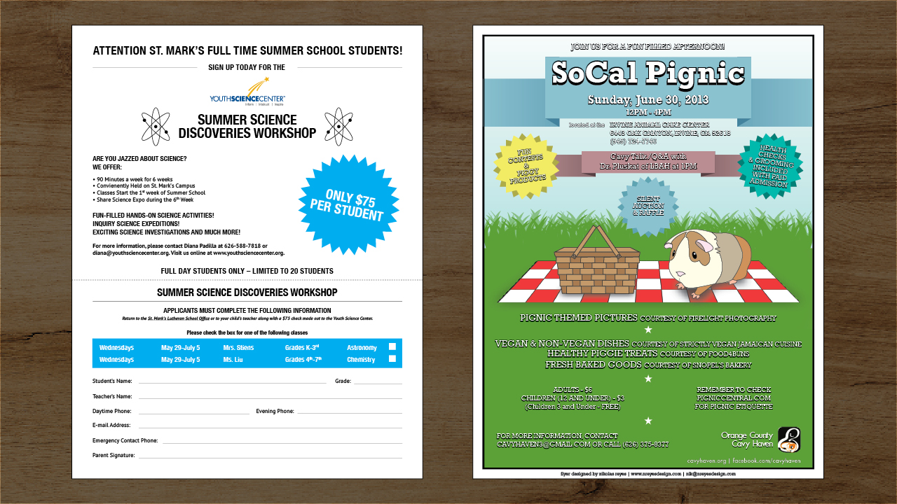Youth Science Center Sign-Up Form and OCCH SoCal Pignic Flyer